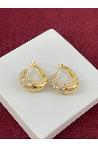 Yarısı Taşlı Yarısı Parlak Gold Halka Küpe Gold