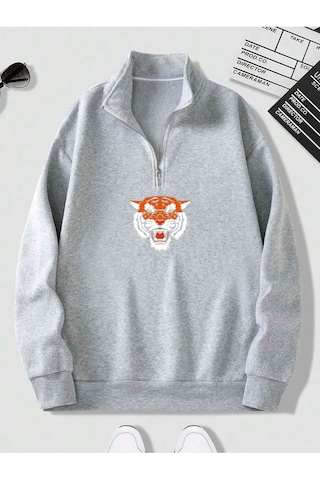 Harmandar Gri Erkek Kaplan Baskılı Dik Yaka Yarım Fermuarlı Kazak Sweatshirt Kaplangridikyaka