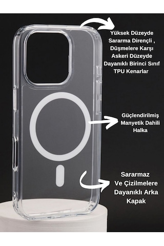 Apple Uyumlu iPhone 16 Pro Max Şeffaf Kılıf Magsafe Özellikli Hybrid Kristal Kapak Şeffaf