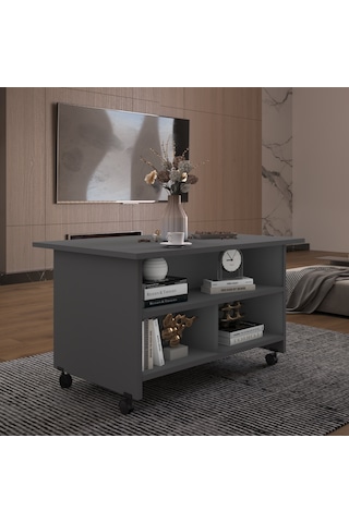 Asra Trend Orta Sehpa OS001 %100 MDF Tekerlekli İki Katlı Geniş Raf Takımı Antrasit
