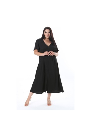 Kadın Büyük Beden Siyah Bürümcük Kumaş V Yakalı Ön Yırtmaçlı Elbise 65n38312-siyah Siyah