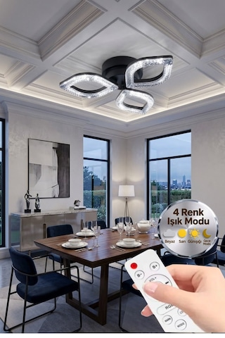 LumiaLighting Yonca Model Kumandalı Siyah 3"lü Ledli 3 Renk Modu Kristal Salon Mutfak Yatak Çocuk Odası Avize