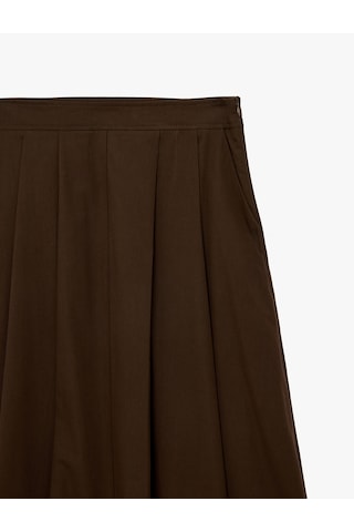 Koton Pamuklu Kloş Kesim Pileli Cepli Midi Poplin Etek Kahverengi 7wak70013ew
