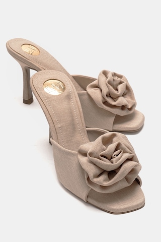 Luvishoes Jempy Bej Keten Çiçekli Kadın Topuklu Terlik Bej