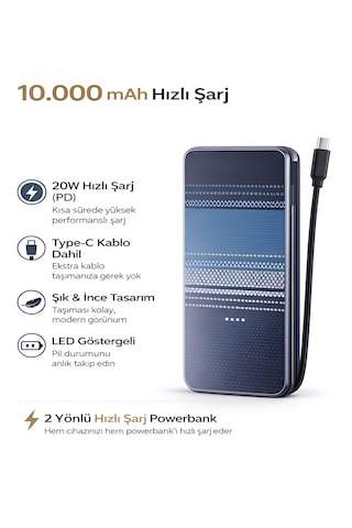 10000mah Karbon Stil Powerbank Dahili Type-c Kablo 20w Hızlı Şarj Taşınabilir Şarj Cihazı Lacivert
