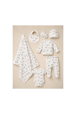 The Two Yenidoğan Unisex Bebek Safari Desenli 7'li Hastane Çıkış Seti 0-3 Ay Pamuk Beyaz
