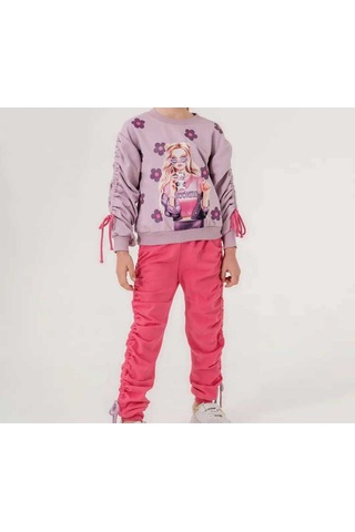 Kız Çocuk Rahat Kesim Sweatshirt Ve Büzgülü Jogger Takım Lila&Pembe