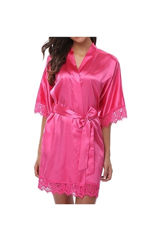 Sones Yarım Kollu Bornoz Kadın Sahte İpek Pijama Gece Elbisesi Gül Kırmızısı Kırmızı