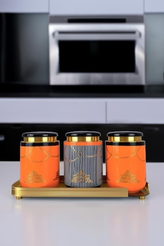 Acar 3 Lü Porselen Baharatlık Ve Cam Tepsili Çay Şeker Tuz Kavanoz Takımı Seti - Koh-05836