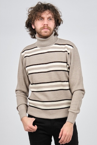 Mısırlı Erkek Tam Balıkçı Çizgili Yün Kazak 3869077 Bej Bej