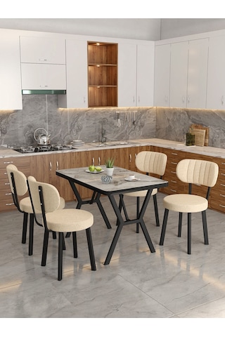 Azra 70x110cm Efes Mutfak Masası, Mutfak Masası Takımı, Yemek Masası, 4 Krem Sandalye Krem