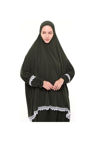 Kadın İki Parça Likra Sandy Kumaş Dantelli Kollu Namaz Elbisesi Haki Antrasit