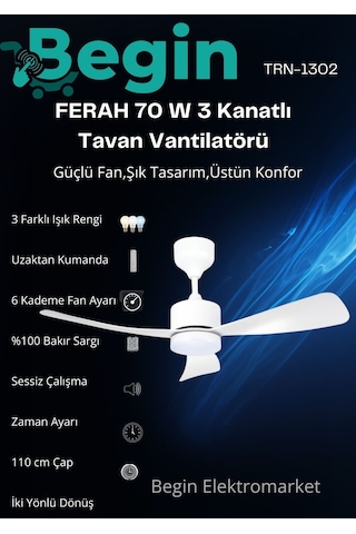 Ferah 70 W 3 Kanatlı Led Işıklı Tavan Vantilatör Uzaktan Kumandalı Beyaz