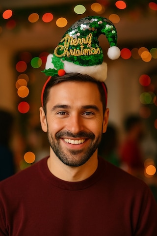 Yılbaşı Yeni Yıl Parlak Yeşil Pullu Merry Christmas Şapkalı Kırmızı Taç Parti Aksesuarı