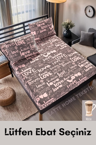 Mocha Love Desenli Pamuklu Kumaş Lastikli Çarşaf Takımı Mürdüm
