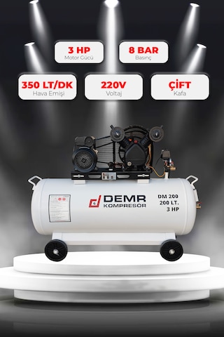 Demr Kompresör Pistonlu 200 LT 2 Kafa 8 Bar 3 HP IDM200 Hava Kompresörü