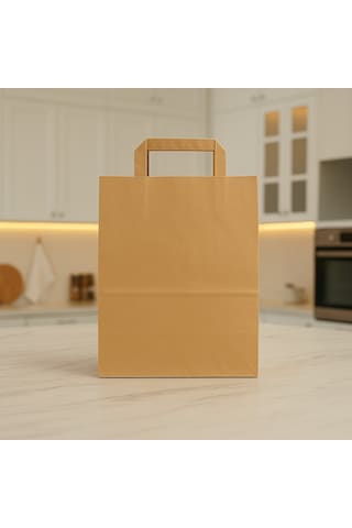 Flat Düz Saplı Kraft Kağıt Çanta 25x12x31 Cm - Doğal Kahverengi Paket Servis Çantası-100 Adet