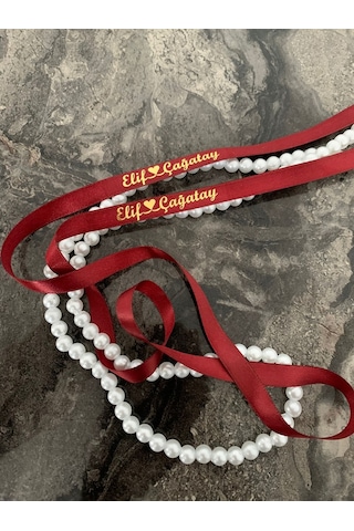 Dökülen İncili Isimli Yüzük Kurdelesi Söz Kurdelesi Bordo-gold