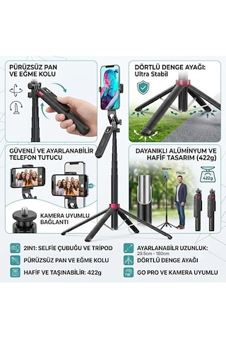 Bluetooth Kumandalı Go Pro Tripod Selfie Çubuğu 360 Pan Kolu 180cm Güçlü Alüminyum