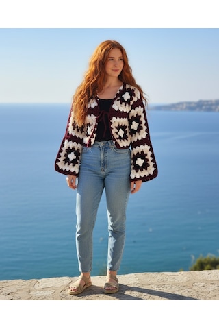Artepieza Kısa Kesim Bordo Koton İplik Motifli Bolero Hırka-bordo Siyah Krem Renginde Bağlamalı El Örgüsü Kısa Bolero Çok Renkli