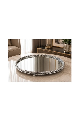Sleep Nova 651612412 Gümüş Metal Çerçeveli Aynalı Dekoratif Tepsi 35 X 13 Cm