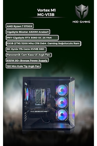 Mod Gaming Vortex MG-V13B R7-5700X 32 GB 1 TB SSD RTX5060 Free Dos Masaüstü Oyuncu Bilgisayarı