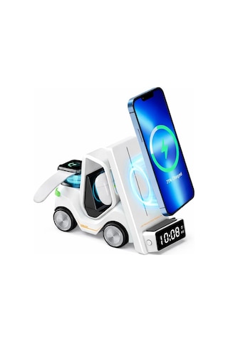 T20 15w 5 İ 1 Arada Magsafe Kablosuz Şarj İstasyonu, Dijital Saatli Forklift Tasarım, İphone 16/15/14/13/12, Apple Watch, Airpods Uyumlu Masaüstü Hızlı Şarj Standı Beyaz
