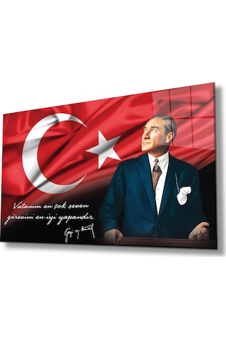 Atatürk Portre Cam Tablo Vatanını En Çok Seven Görevini En İyi Yapandır Kurum Hediyelik Büyük Tablo