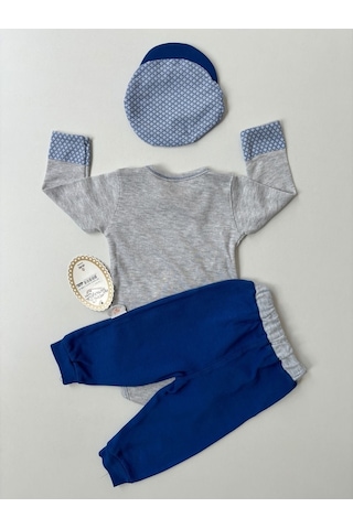 Pamuklu 3'lü Mavi Erkek Bebek Takım - Papyonlu & Uzun Kollu Yenidoğan Bebek Takımları gri Gri