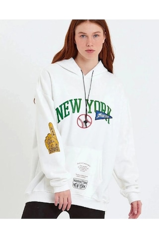 Mbb E-ticaret Kadın Oversize Kapüşonlu Cepli Ön Kol Baskılı 3 İplik Pamuklu Hoodie Sweatshirt - Beyaz