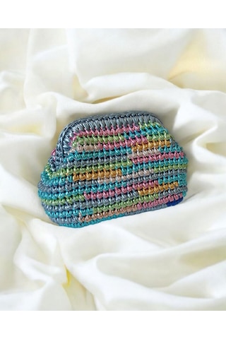 Metalik Renkli El Örgüsü Kadın Clutch Çanta Saten Astarlı Premium Handmade Gece Ve Omuz Çantası Çok  Renkli