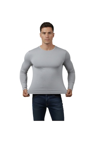 Deepsea Erkek Gri Uzun Kollu Dar Kalıp Ince Sıfır Yaka Sweatshirt 2300423 False Gri