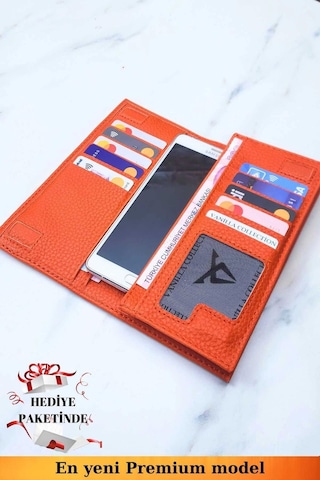 Telefon Bölmeli Unisex Turuncu Cüzdan Mıknatıslı Ve El Bantlı Büyük Paraportföy El Çantası Turuncu