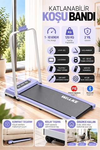 Walke W-fit Purple Bluetoothlu Uygulamalı Uzaktan Kumandalı Koşu Bandı Yürüyüş Bandı Mor