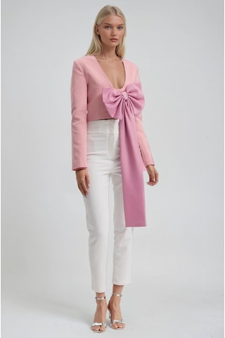 Büyük Fiyonk Detaylı Derin V Yaka Crop Blazer Ceket 6188 Pembe