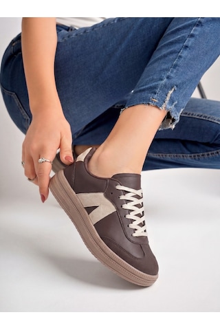 Kadın Sneaker Yüksek Taban Ortopedik Bağcıklı Spor Ayakkabı Retro Kahve-011 Beyaz