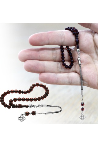 Tesbihane Damla Kehribar Tesbih - 925 Ayar Gümüş Püsküllü - Mini Boy - Koyu Kırmızı - Küre Kesim