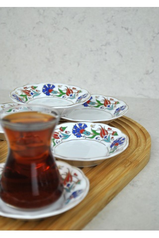 6'lı Porselen Çay Tabağı Lale Motifli Osmanlı Deseni Beyaz - mavi