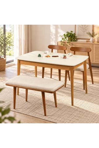 Ganni Home Bergamo Kitabeli Yemek Masası Krem Ceviz Açılabilir, Modern Ve Şık Tasarım Krem-ceviz