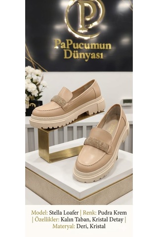Papucumun Dünyası Önü Taşlı Yüksek Taban Kadın Loafer Krem