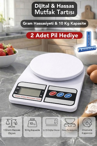 Hassas Mutfak Tartısı - 10kg Mutfak Terazisi Hassas Ölçüm Lcd Diijital Ekran Pil Hediyeli Beyaz