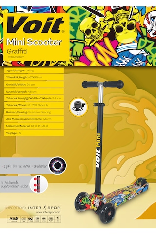 Voit Işıklı Tekerlekli Scooter 5 Yaş Üzeri, Zil Ve Grafiti Tasa