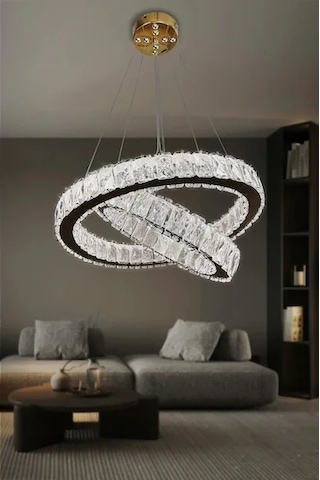 2 Katlı Daire Kristal Taşlı Modern Led Avize Salon Avizesi Renkli