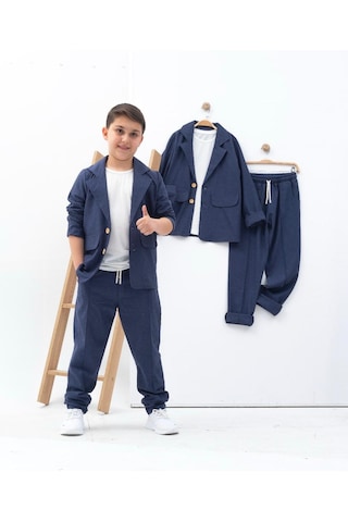 Zelhanbrand Erkek Çocuk Keten Takım Elbise 3 Parça Açık Lacivert