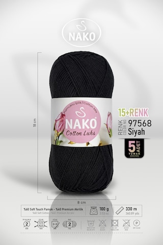 Cotton Lüks - 97568 Siyah - 5'li Paket - 100gr/330m - Pamuklu Hırka Yelek Amigurumi İpi