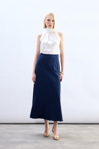 Sateen Yüksek Bel Saten Etek - Lacivert-136785 Lacivert