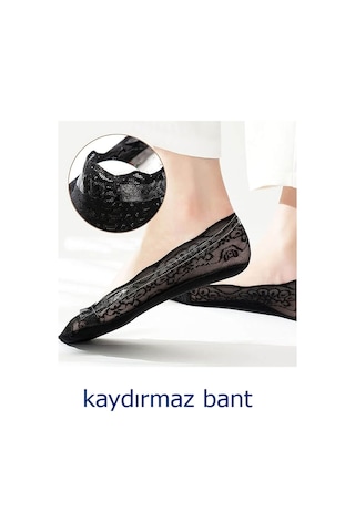 Hepsine Rakip 6 Çift Dantel Desenli Kaymaz Silikonlu Kadın Babet Çorap Seti Siyah