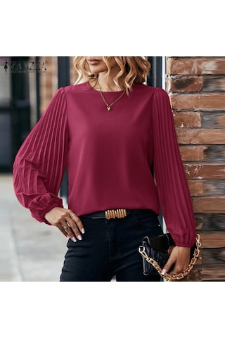 Kahverengi Zanzea Kadın Yuvarlak Yaka Uzun Kollu Basınç Plise Açık Damla Kravat Düğmesi Gevşek Düz Renk Bluz