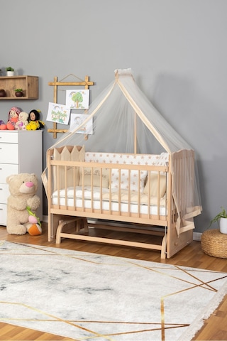 Ahşap Beşik Anne Yanı Beşik Organik Boyasız 60x120 - Krem Prens Erkek Uyku Seti Yatak Ahşap