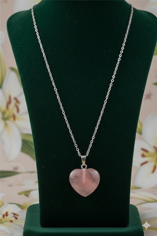 Doğal Pembe Kuvars Taşı Kalp Kolye - Aşk Ve Sevgi Taşı Açık Pembe